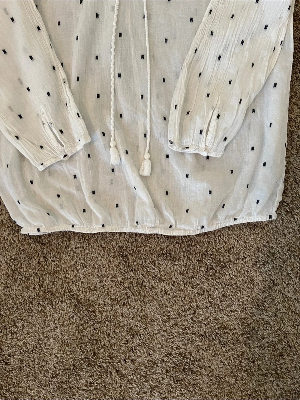 J. Crew White Peasant Blouse with Navy Dot Pattern|100% Cotton